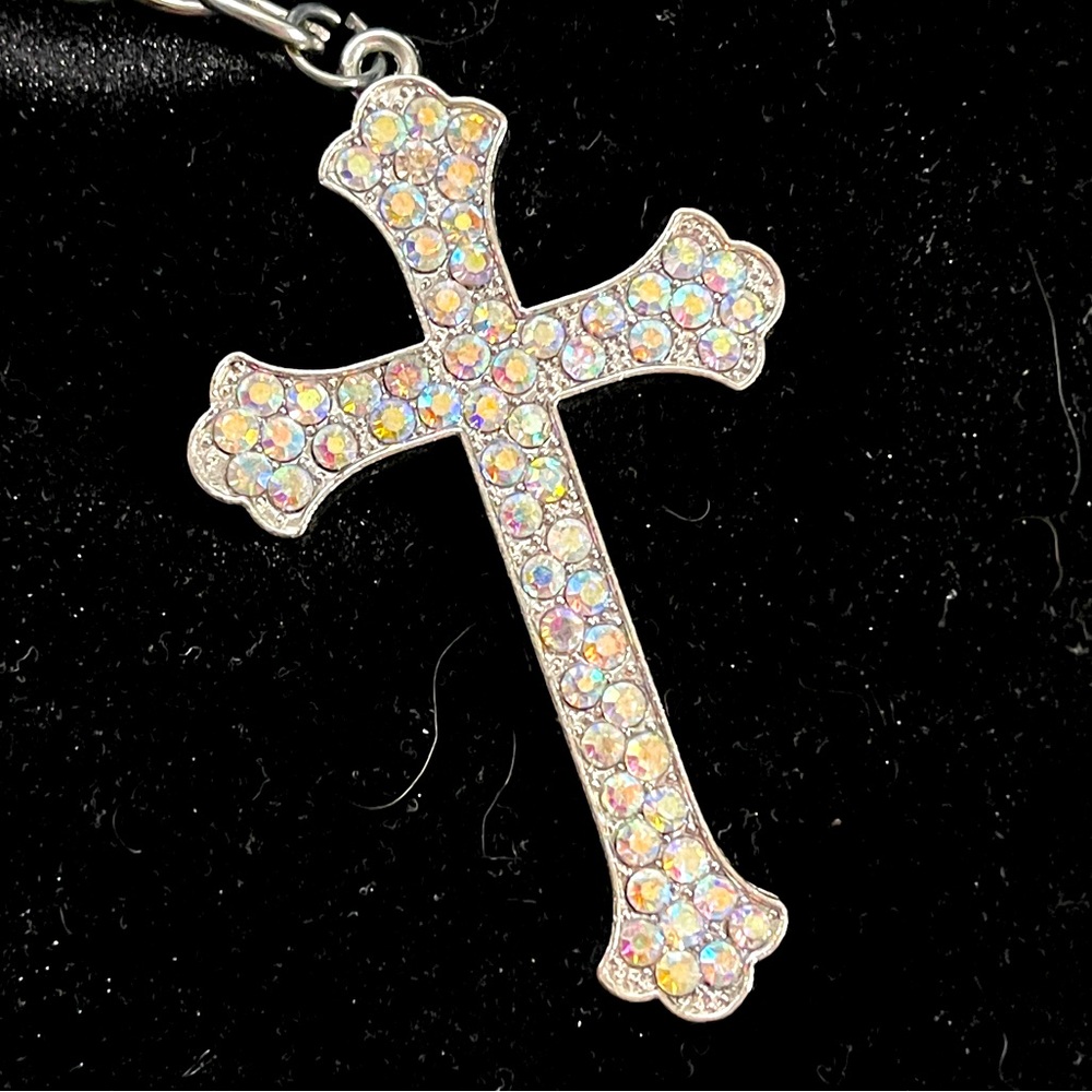 Iridescent crystal metal cross keychain, purse charm